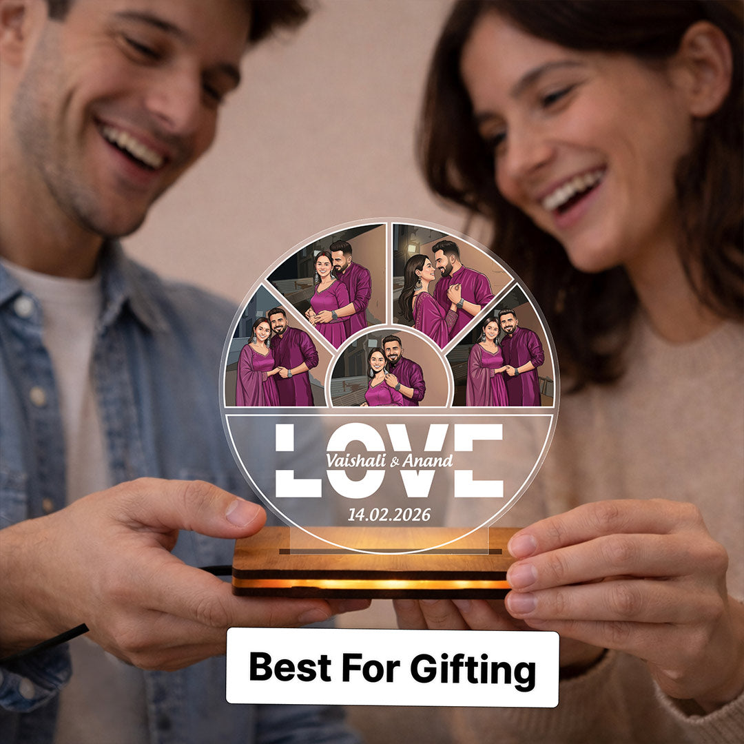 Personalized LED Acrylic Couple Photo Frame Lamp with Name & Date Custom Round Design (8x8 Inch) Romantic Night Lamp Gift for Wife, Husband & Girlfriend | Love Craft Gifts
