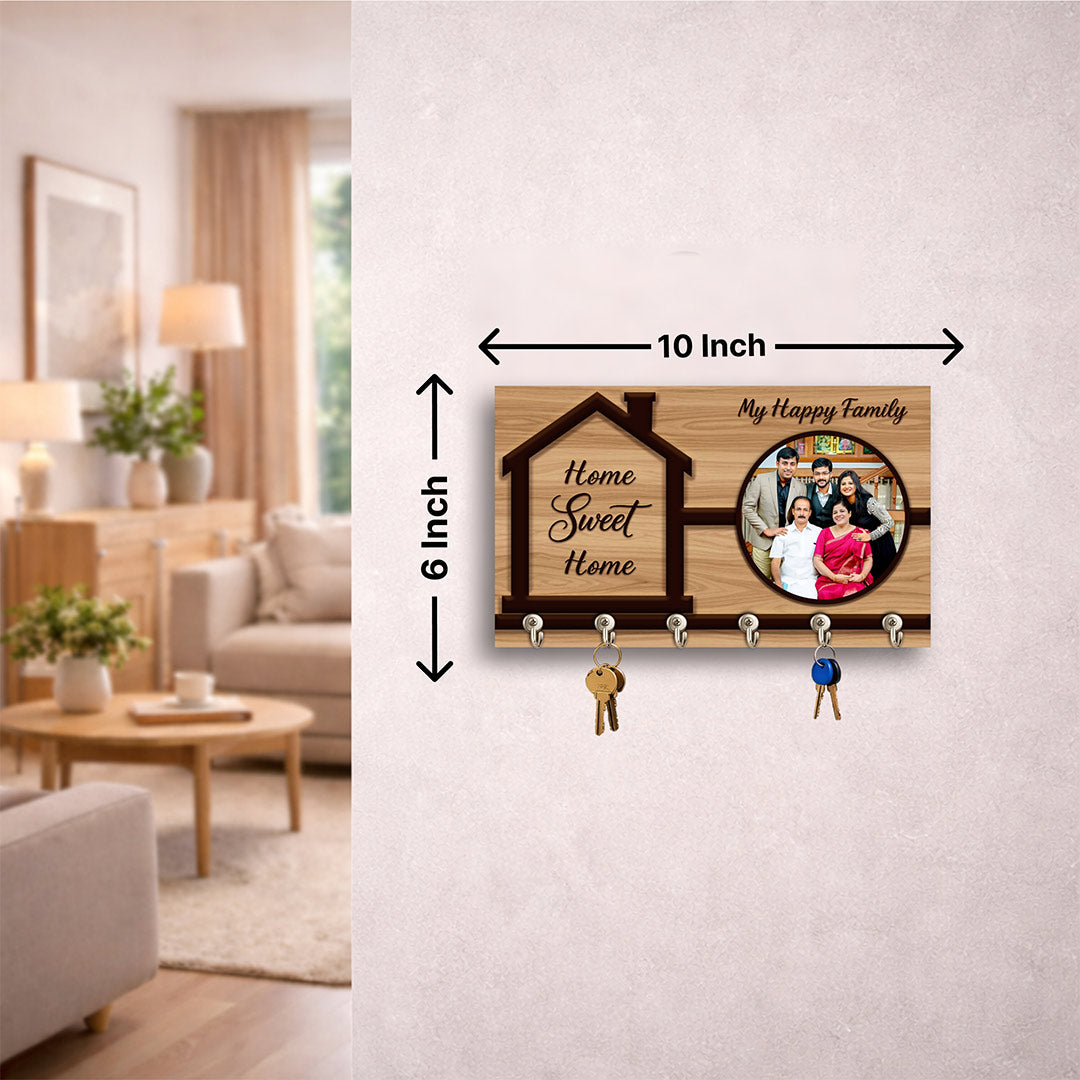 Personalized Family Wooden Key Holder with Photo Frame – Custom Home Sweet Home Key Hanger Gift (10x6 Inch) | Love Craft Gifts