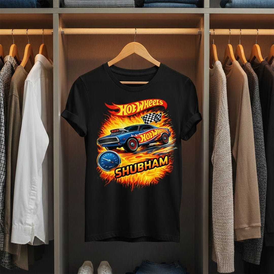 Personalized Hot Wheels Racing Car Name Print Black T-Shirt – Unisex Casual Wear | Love Craft Gifts
