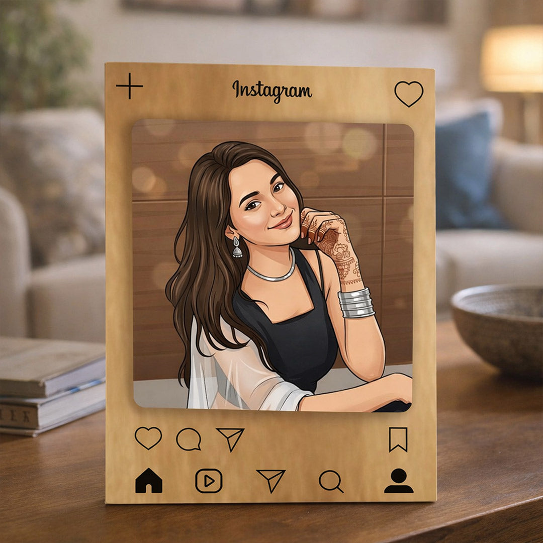 Personalized Instagram Wooden Photo Frame Table Stand – Custom Cartoon Photo Frame Gift (4x6 Inch) for Girls, Friends & Couples | Love Craft Gifts