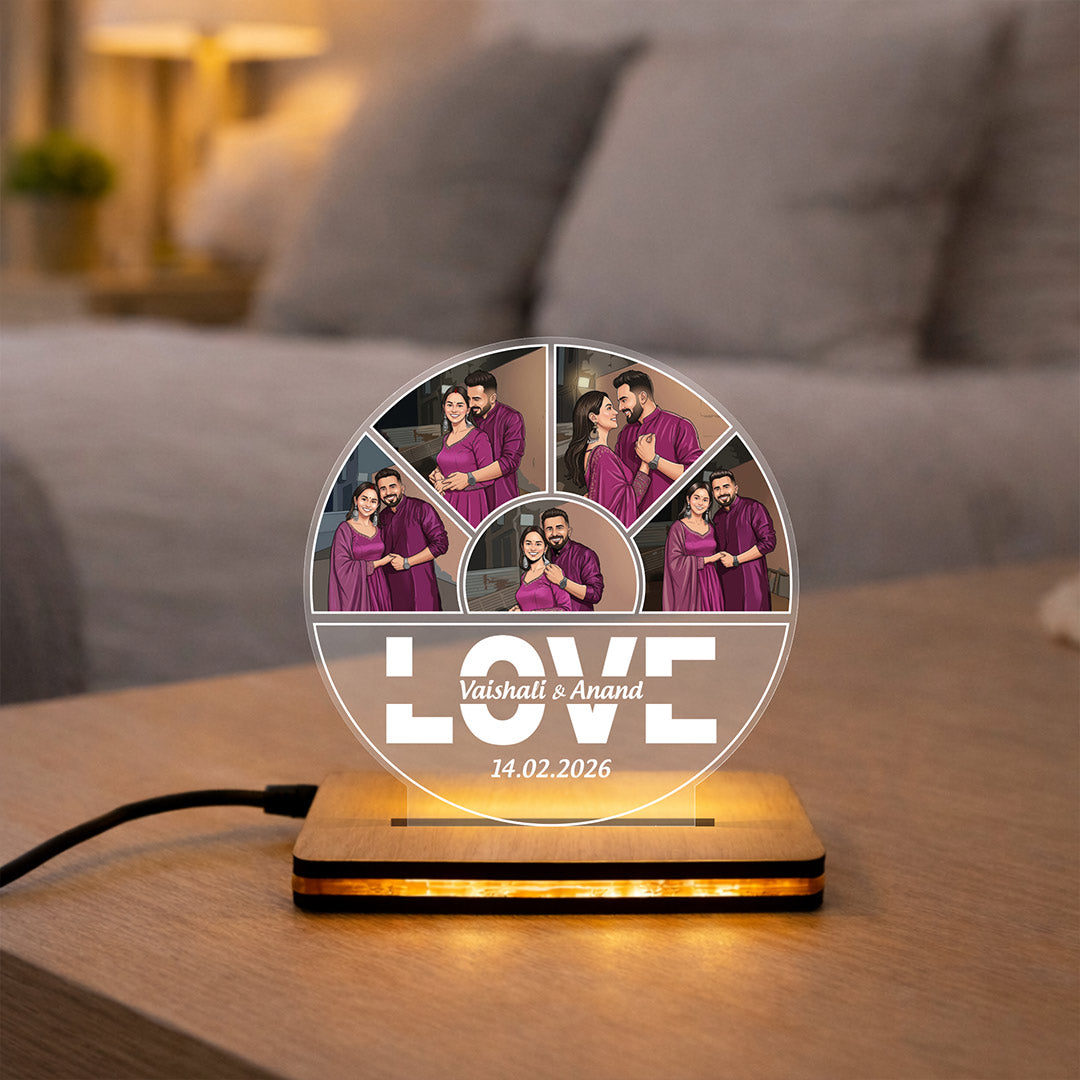 Personalized LED Acrylic Couple Photo Frame Lamp with Name & Date Custom Round Design (8x8 Inch) Romantic Night Lamp Gift for Wife, Husband & Girlfriend | Love Craft Gifts