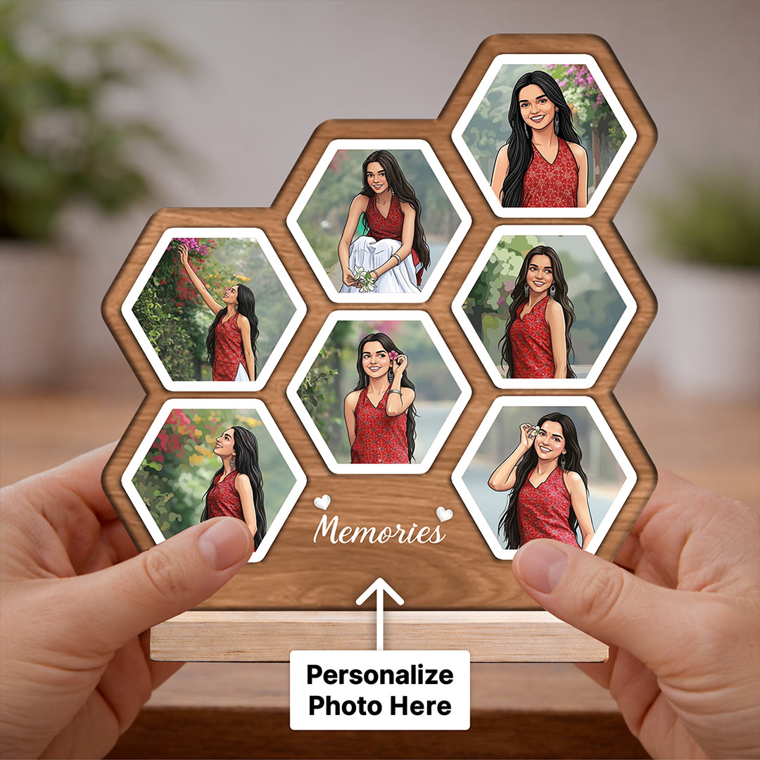 Personalized Hexagon Multi Photo Wooden Table Stand (6x7 Inch) Custom Memories Frame Gift for Girlfriend, Wife & Friends | Love Craft Gifts
