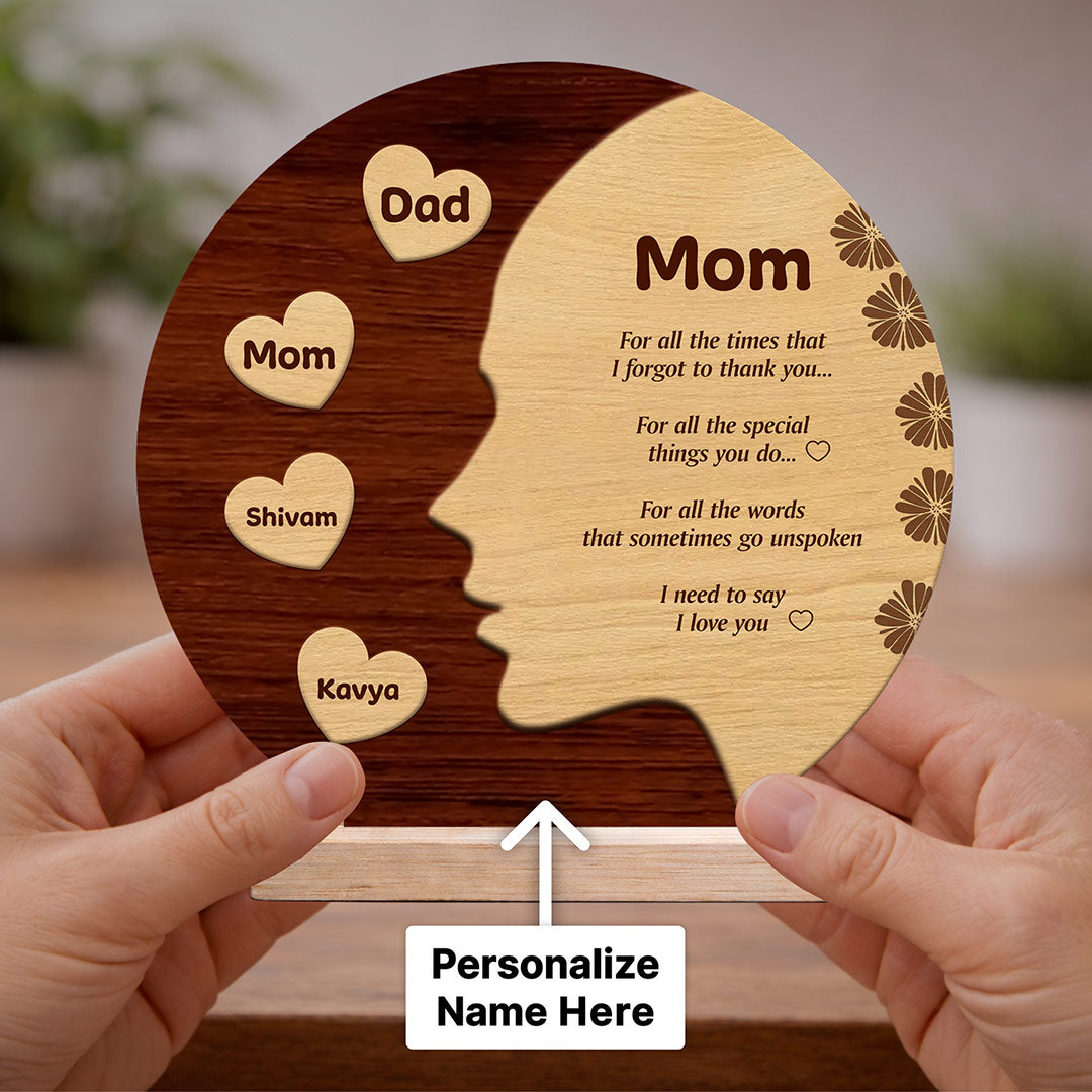 Personalized Mom Wooden Engraved Table Top with Custom Names (8x8 Inch) Emotional Mother Gift Décor | Love Craft Gifts
