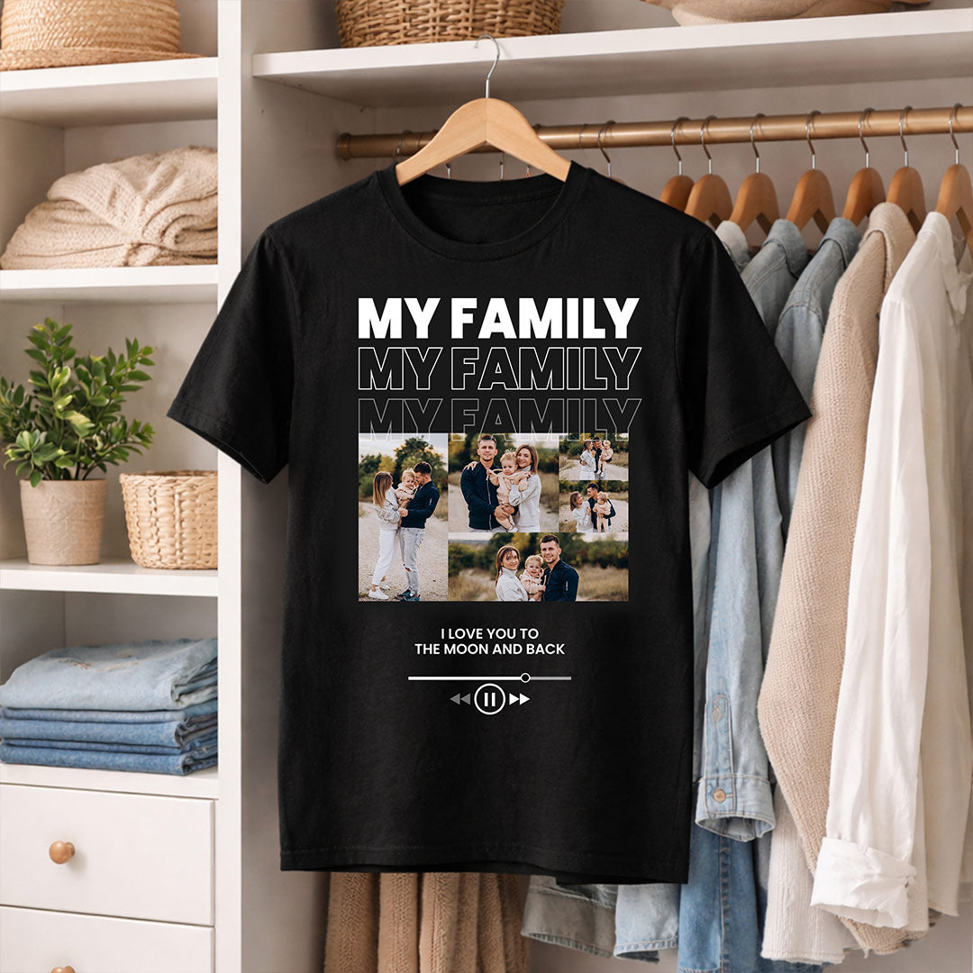 Personalized My Family Photo Collage Black T-Shirt – Custom Pics Printed | Love Craft Gifts