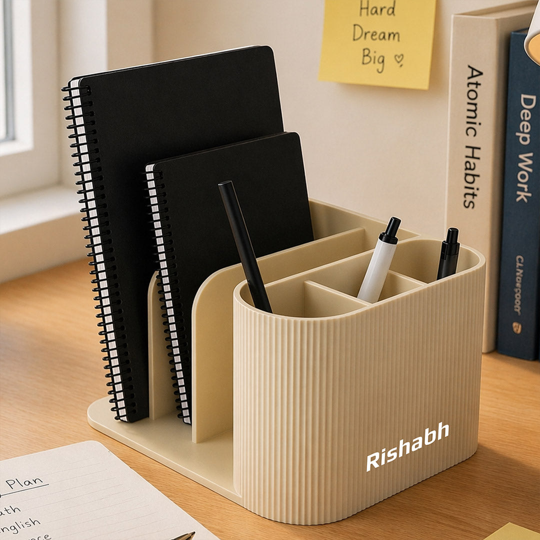 Personalized Desk Organizer with Notebook Holder – Custom Name Multi-Section Pen Stand & Stationery Storage | Office & Study Table Organizer | Love Craft Gifts