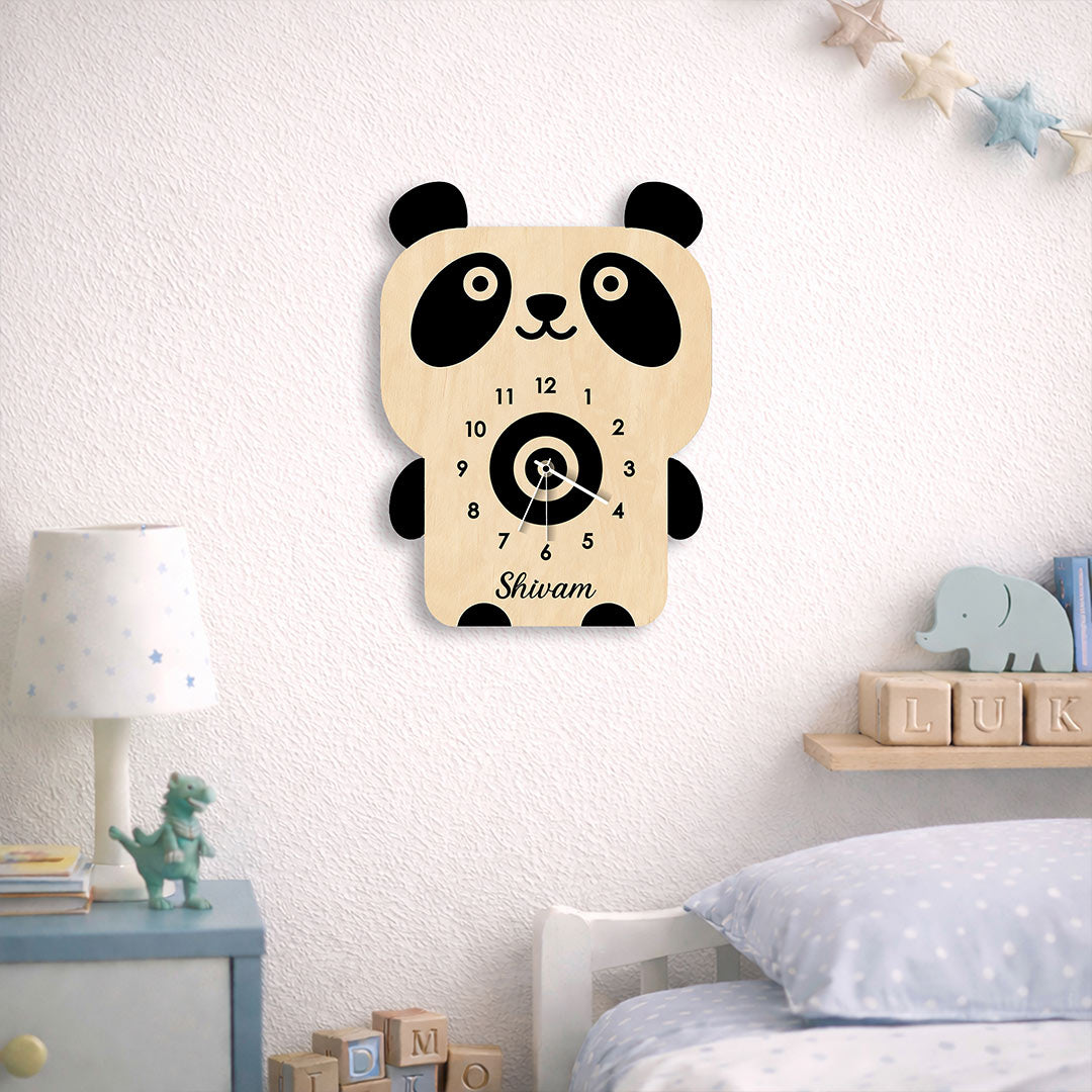 Personalized Panda Wooden Wall Clock Custom Name Kids Room Decor 8x10 Inch | Love Craft Gifts