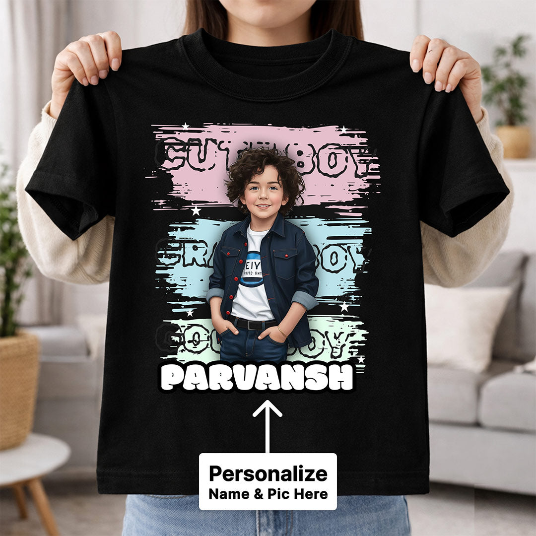 Personalized Cute Boy Photo T-Shirt – Custom Name & Picture Printed Black Tee for Kids | Love Craft Gifts