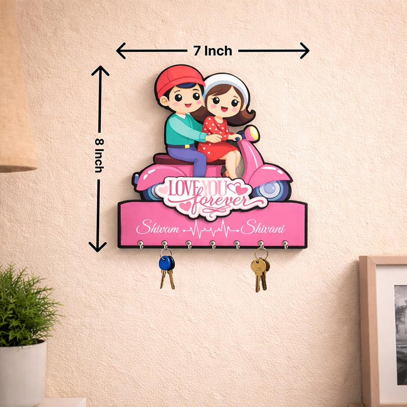 Personalized Couple Scooter Key Holder Wall Hanging – Custom Name Wooden Key Stand (7x8 Inch) | Love Craft Gifts