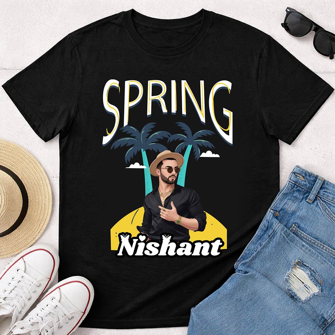 Personalized Spring Cartoon Portrait Black T-Shirt – Custom Name Print | Love Craft Gifts