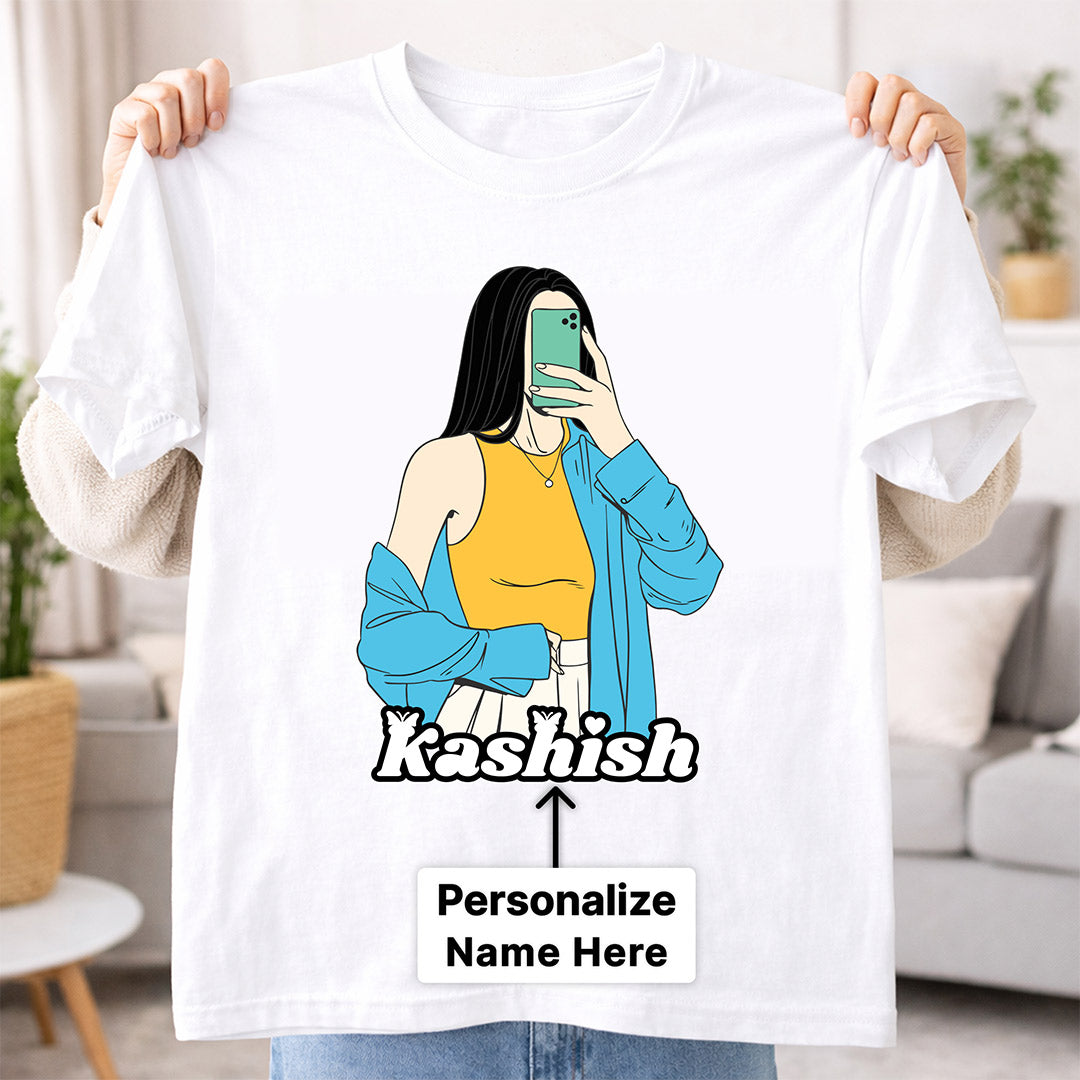 Custom Girl Illustration Name Print White T-Shirt – Personalized Unisex Casual Wear | Love Craft Gifts