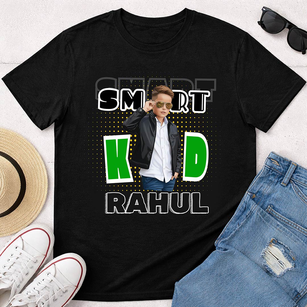 Personalized Smart Kid Boys T-Shirt – Custom Name & Photo Printed Black Tee for Kids | Love Craft Gifts