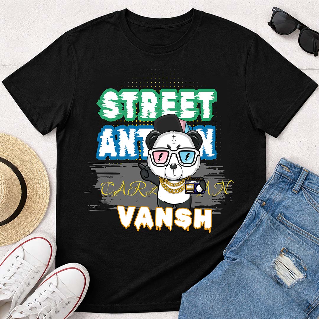 Personalized Street Animal Boys Black T-Shirt – Custom Name Printed Cool Panda Tee for Kids | Love Craft Gifts