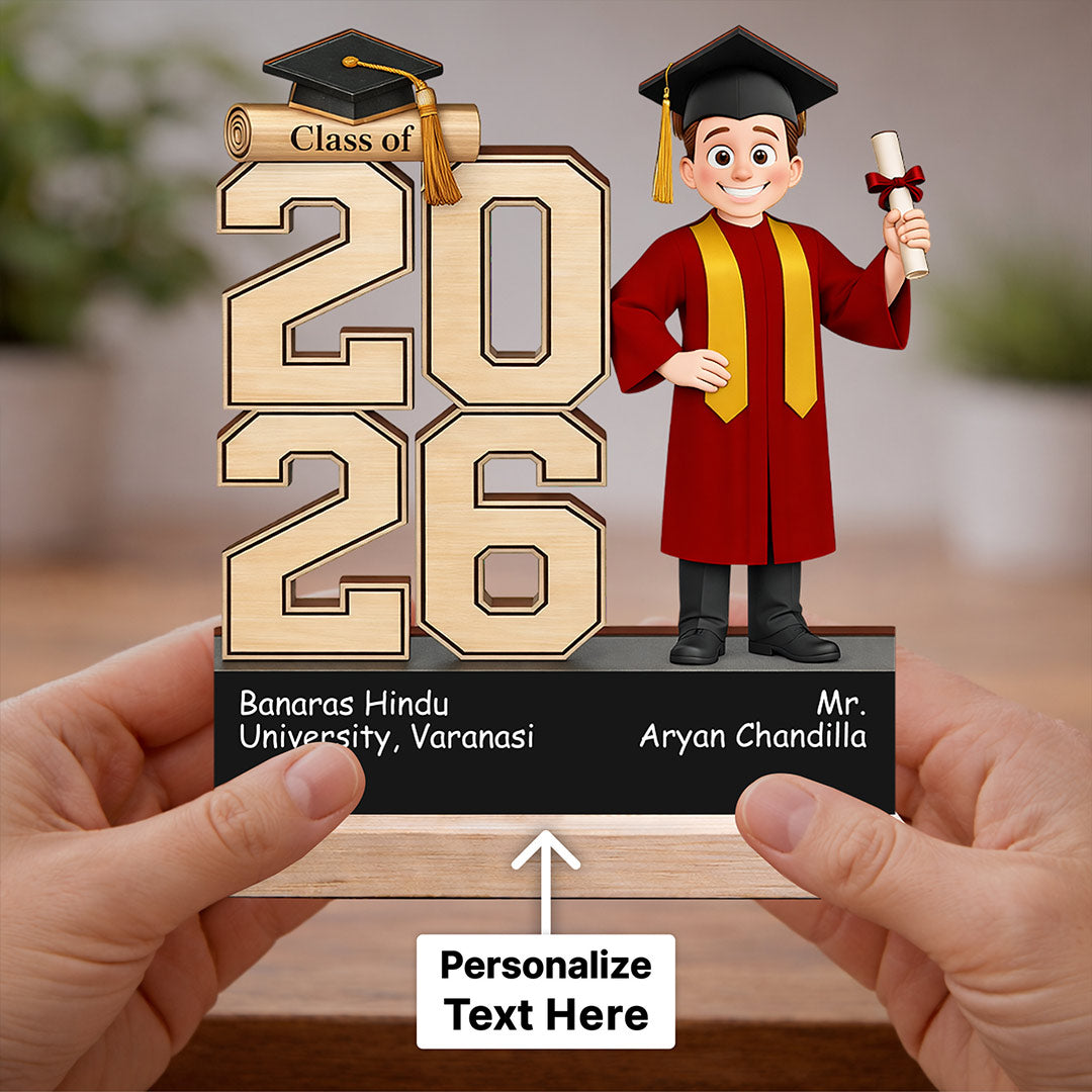 Personalized Graduation Wooden Table Stand (Class of 2026) – Custom Name & College Graduation Gift for Students, Boys & Friends (6x6 Inch) | Love Craft Gifts