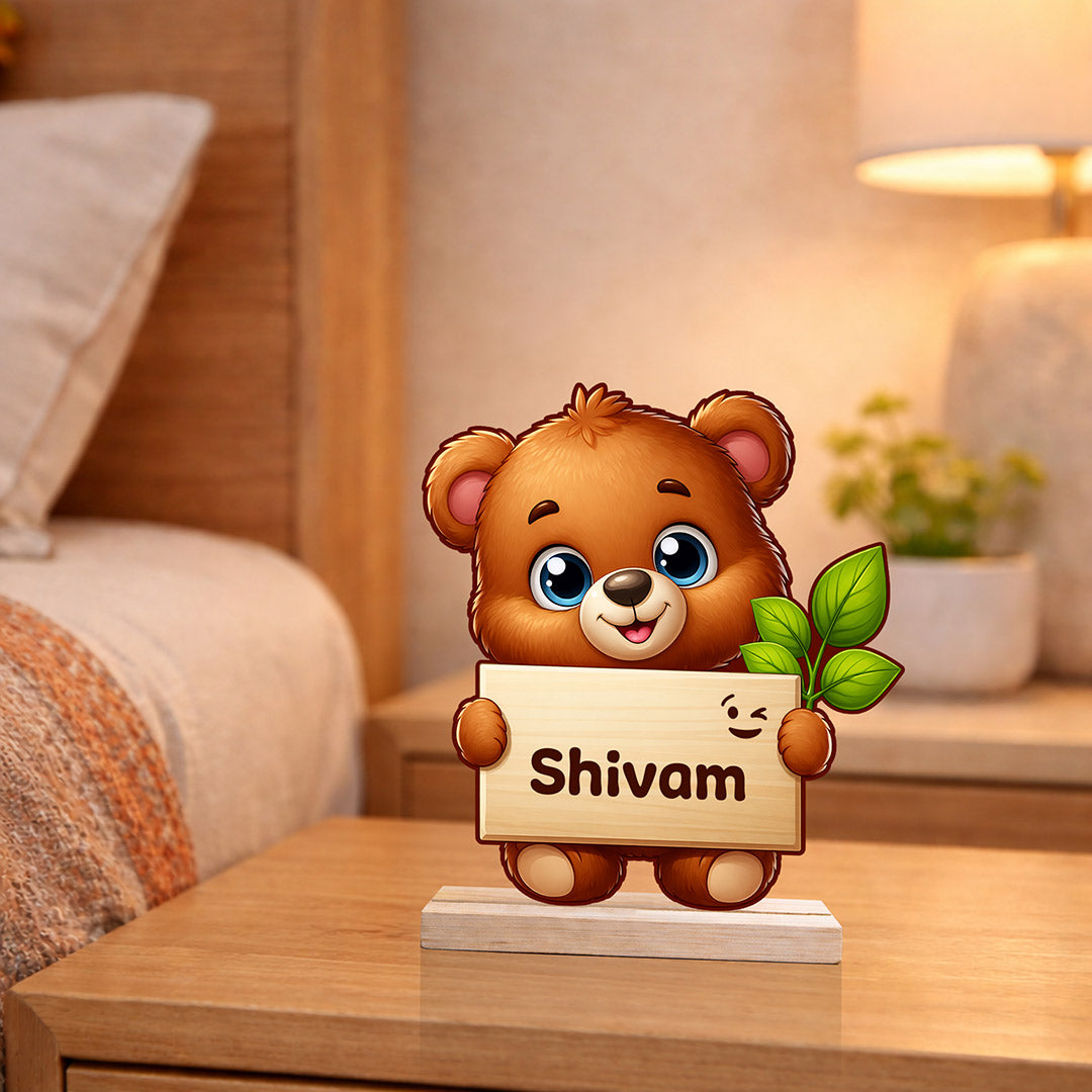 Personalized Cute Teddy Name Stand 6x6 Inch – Custom Wooden Cartoon Table Decor Gift | Love Craft Gifts™