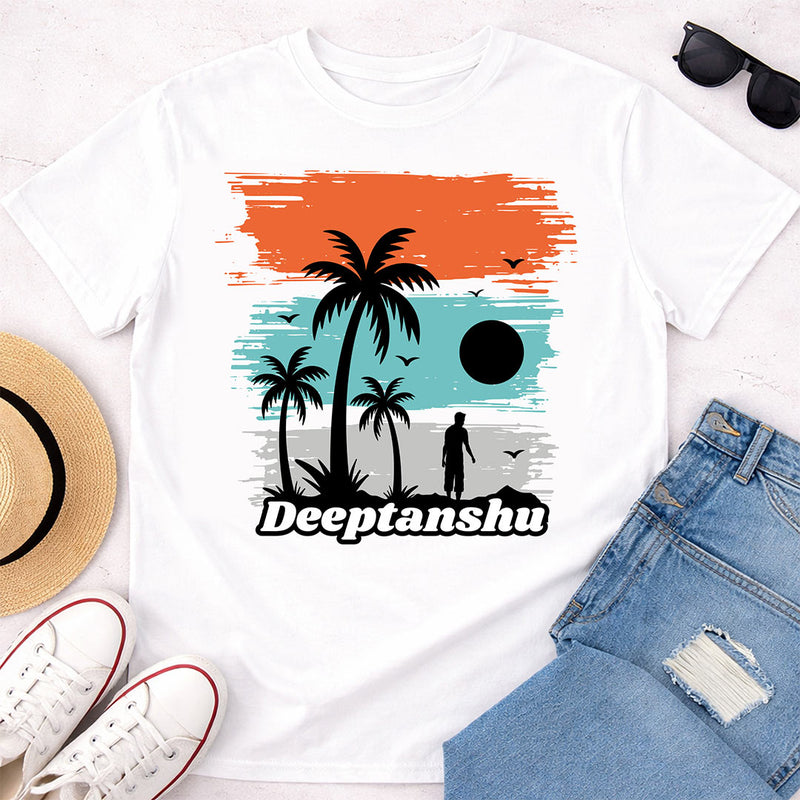 Personalized Tropical Sunset Silhouette White T-Shirt – Custom Name Printed | Love Craft Gifts