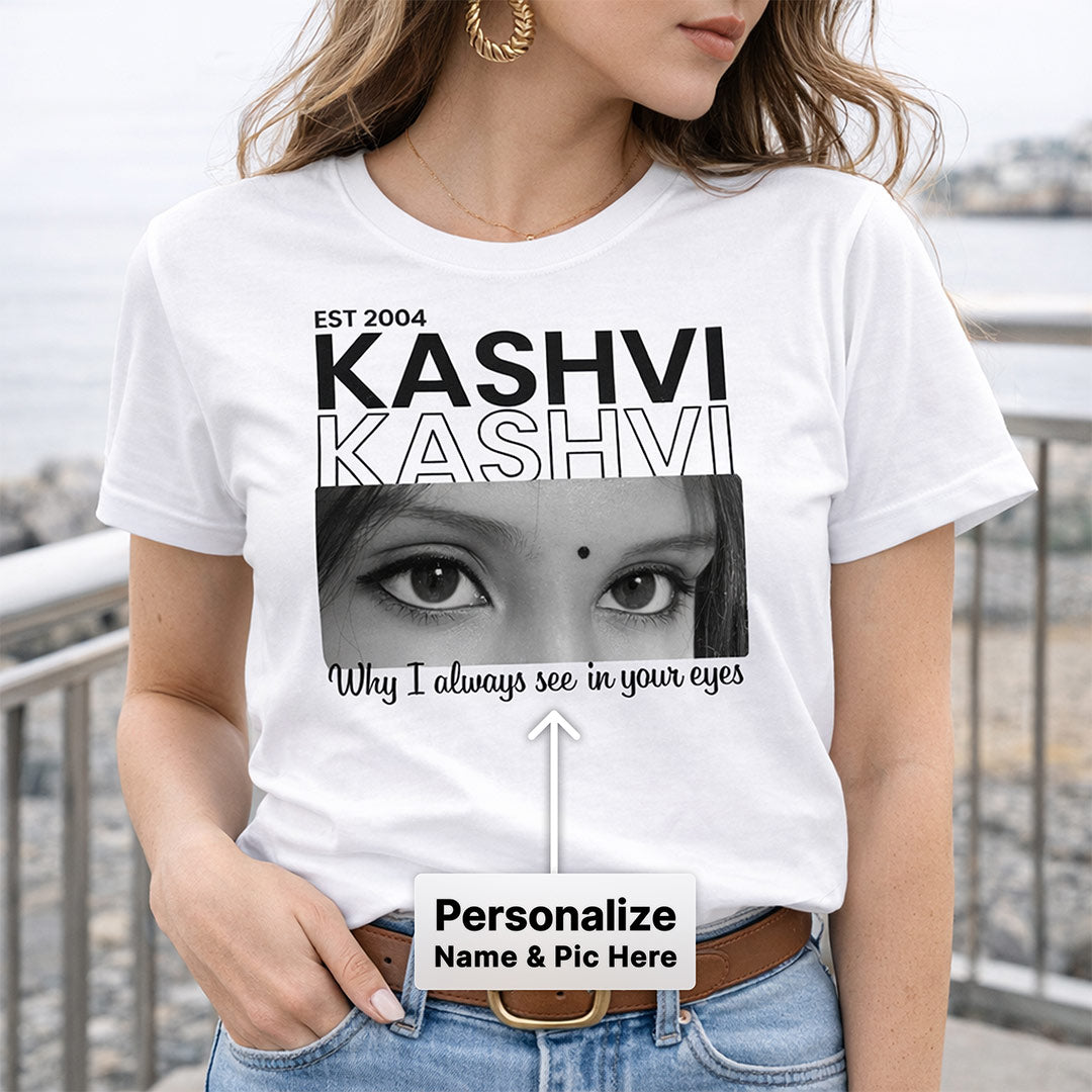 Personalized Name & Eye Photo Print White T-Shirt – Unisex Custom Wear | Love Craft Gifts