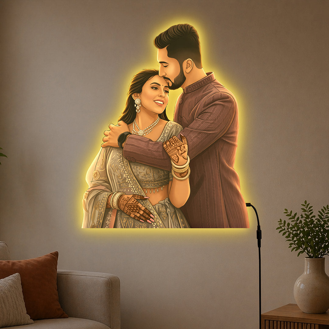 Personalized AI Cartoon Wooden 3D LED Photo Cutout Gift for Couple (14 x 24 Inch) – Custom Wedding Photo LED Lamp for Anniversary, Bride & Groom Gifts | Love Craft Gifts™