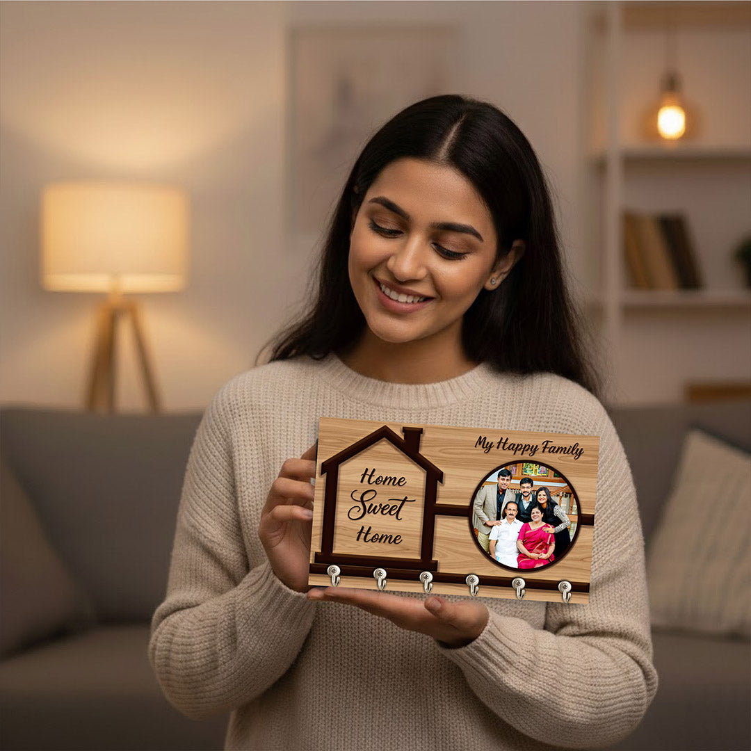 Personalized Family Wooden Key Holder with Photo Frame – Custom Home Sweet Home Key Hanger Gift (10x6 Inch) | Love Craft Gifts