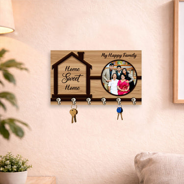 Personalized Family Wooden Key Holder with Photo Frame – Custom Home Sweet Home Key Hanger Gift (10x6 Inch) | Love Craft Gifts
