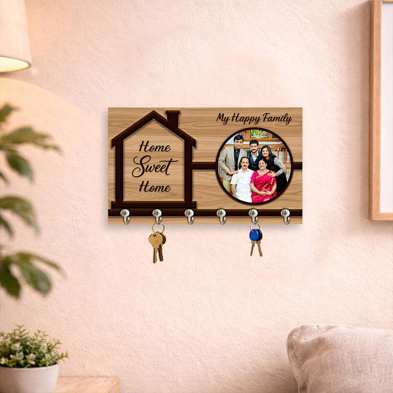 Personalized Family Wooden Key Holder with Photo Frame – Custom Home Sweet Home Key Hanger Gift (10x6 Inch) | Love Craft Gifts