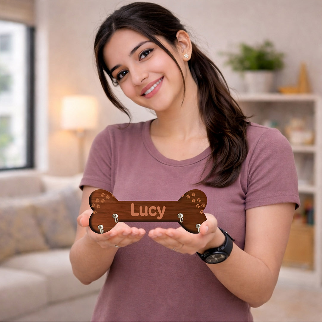 Personalized Dog Bone Wooden Key Holder (8x2.5 Inch) – Custom Name Pet Wall Hook Organizer | Love Craft Gifts™