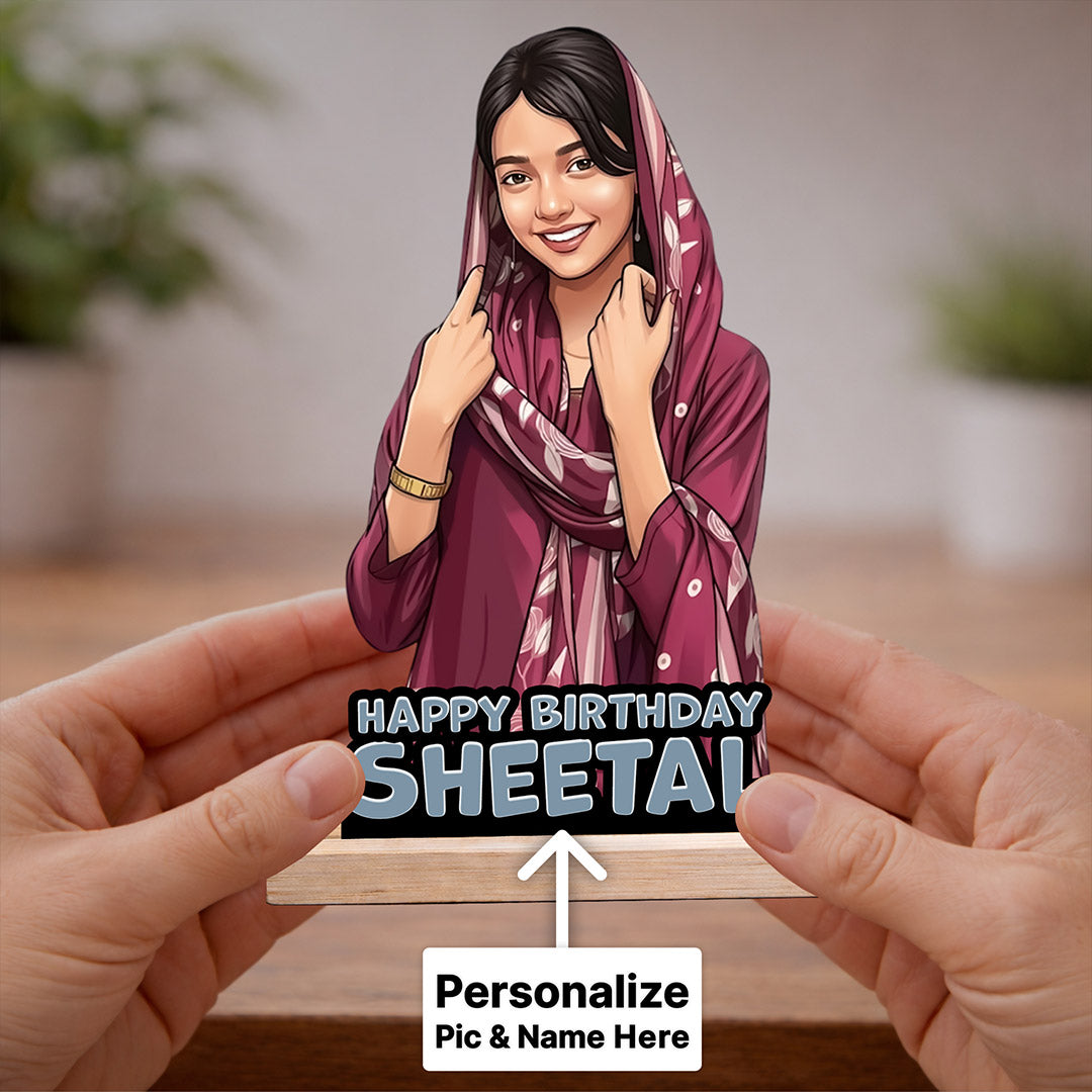 Personalized Birthday Cartoon Wooden Table Stand – Custom Photo Cutout Gift for Her (5x8 Inch) | Love Craft Gifts™