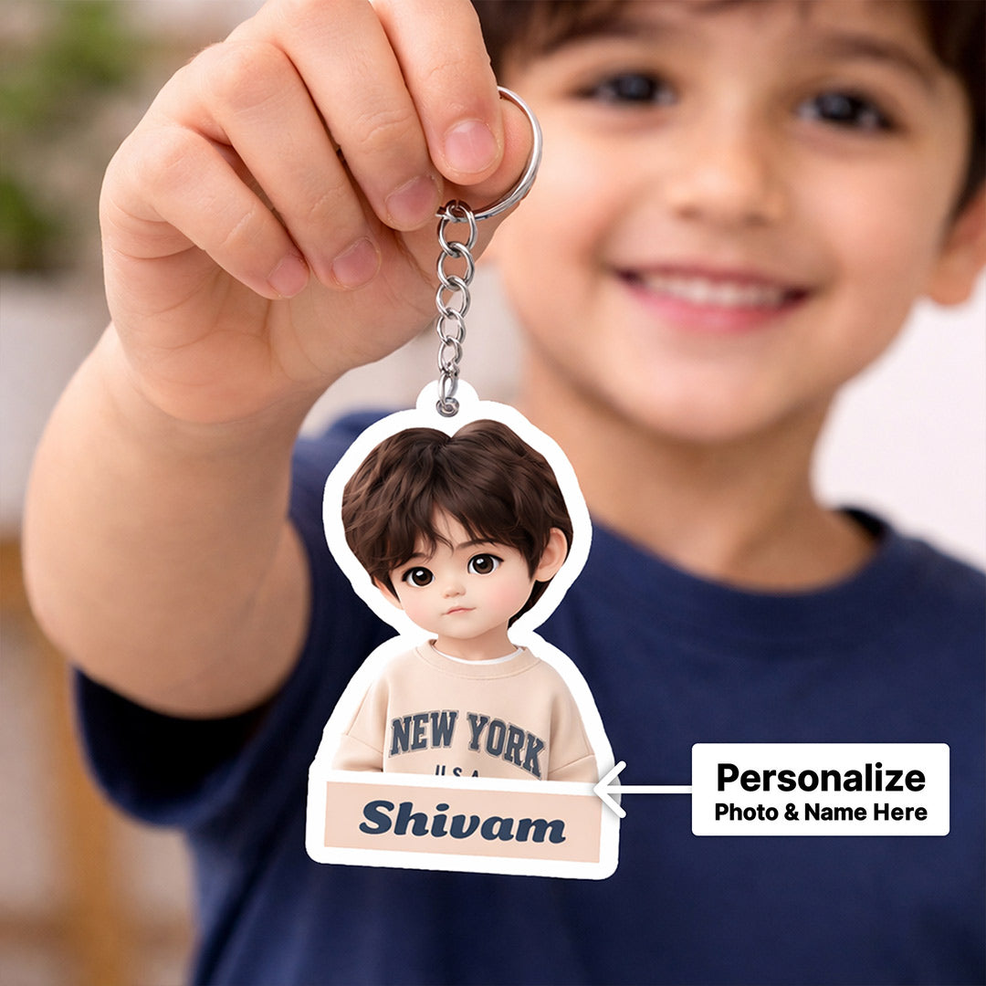 Personalized Kids Cartoon Photo Keychain with Name – Custom Cute Acrylic Key Ring Memory Gift for Boys & Girls (3 Inch) | Love Craft Gifts