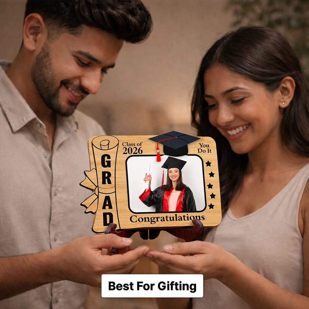 Personalized Graduation Photo Frame Wooden Table Stand (Class of 2026) – Custom Photo & Name Graduation Gift for Students, Friends & Loved Ones (6x6 Inch) | Love Craft Gifts
