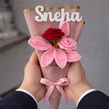 Personalized Pink Rose Crochet Bouquet– Handmade Forever Flower Gift