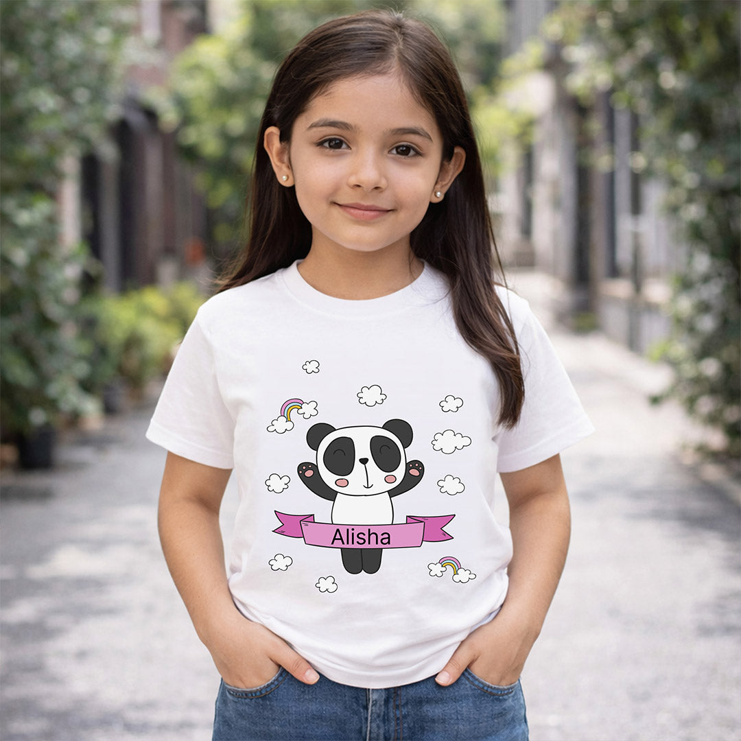 Personalized Cute Panda Girl White T-Shirt – Custom Name Printed Kids Tee | Love Craft Gifts