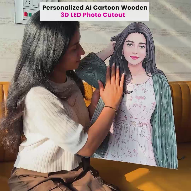 Personalized AI Cartoon Wooden 3D LED Photo Cutout Gift for Couple (14 x 24 Inch)