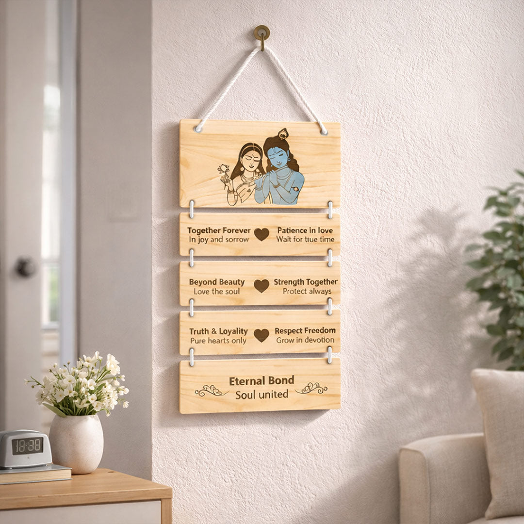 Radha Krishna Pine Wood Hanging Wall Decor – Eternal Love Quote Frame (15 x 9 Inch) | Love Craft Gifts