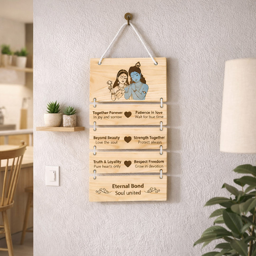 Radha Krishna Pine Wood Hanging Wall Decor – Eternal Love Quote Frame (15 x 9 Inch) | Love Craft Gifts