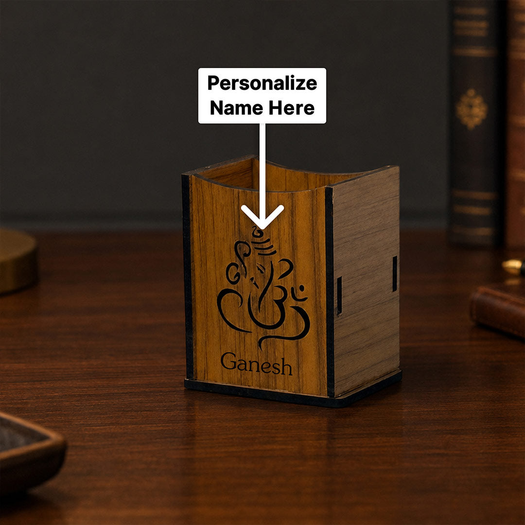 Personalized Wooden Pen Stand | Lord Ganesha Desk Organizer | 6x4" | Love Craft Gifts™