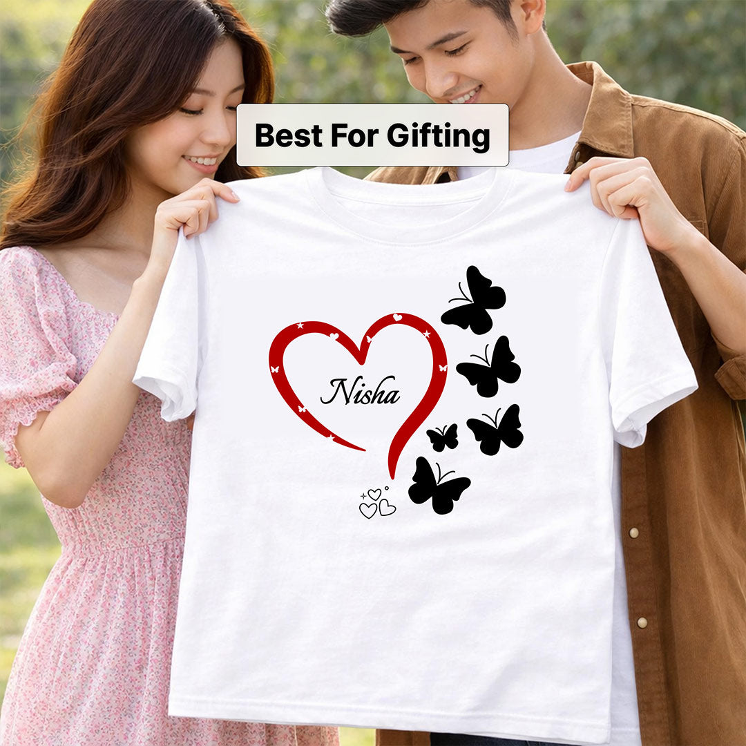 Personalized Heart & Butterfly Name Print White T-Shirt – Unisex Casual Wear | Love Craft Gifts