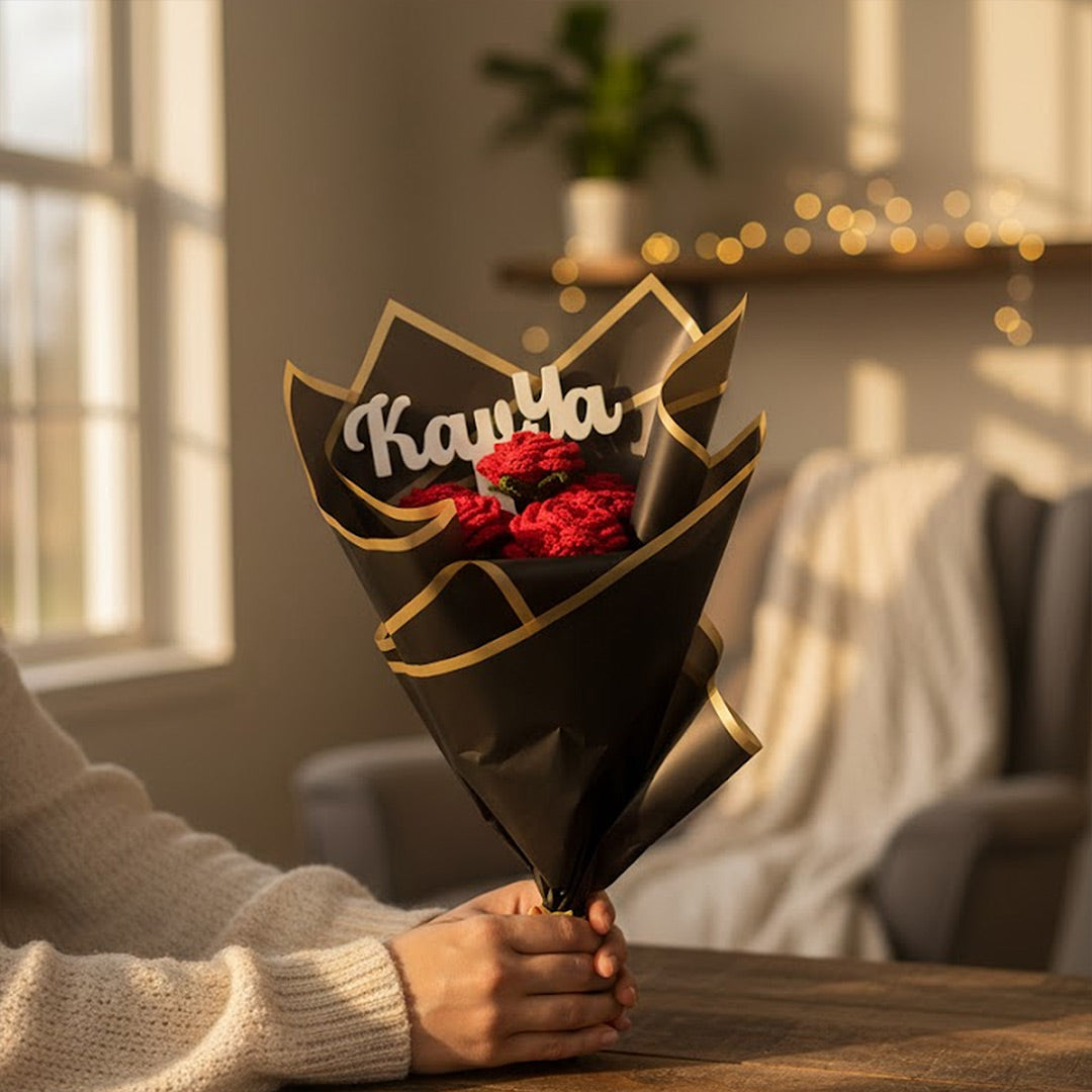 Personalized Red Rose Crochet Bouquet | Handmade Forever Flower Gift | Love Craft Gifts