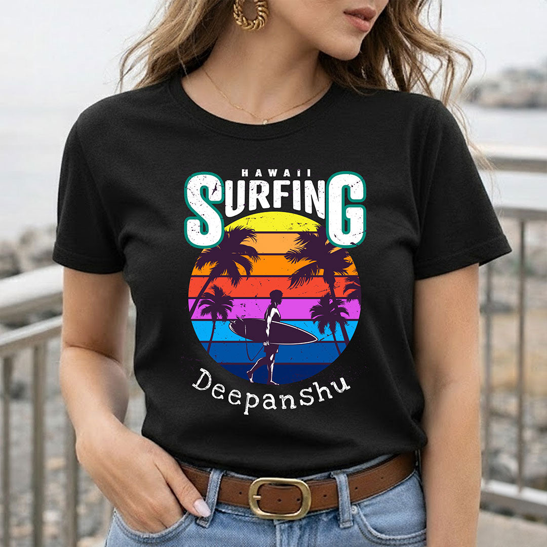 Personalized Hawaii Surfing Black T-Shirt – Custom Name Printed | Love Craft Gifts