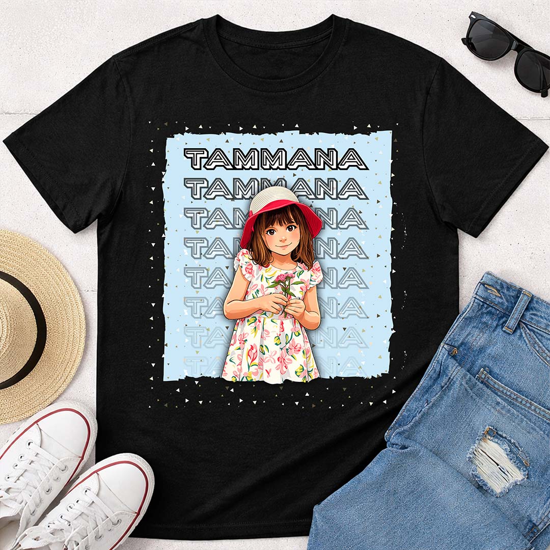 Personalized Cartoon Girl Name Black T-Shirt – Custom Girl Photo & Name Printed | Love Craft Gifts