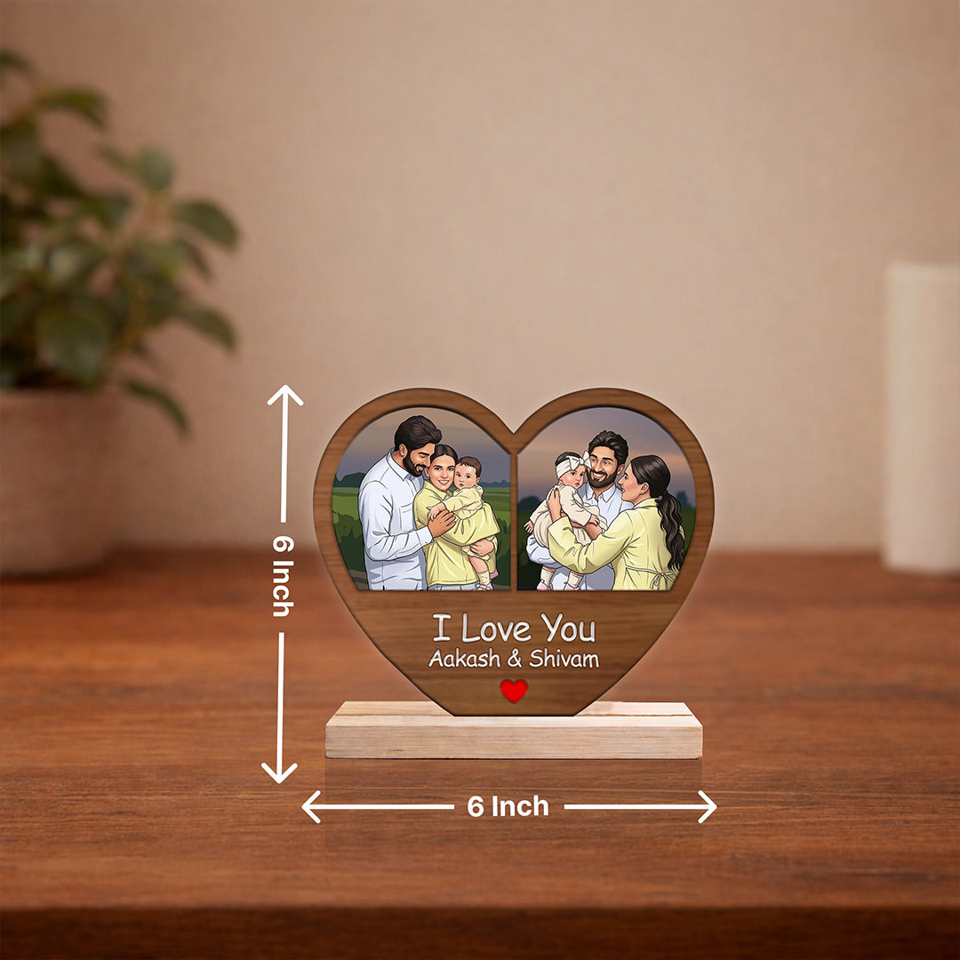 Personalized Heart Shape Wooden Photo Frame Table Stand – Custom Couple & Family Cartoon Frame Gift with Name (6x6 Inch) | Love Craft Gifts