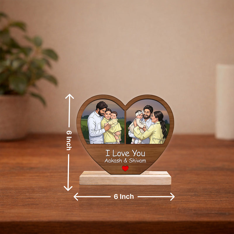Personalized Heart Shape Wooden Photo Frame Table Stand – Custom Couple & Family Cartoon Frame Gift with Name (6x6 Inch) | Love Craft Gifts