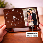 Personalized Wooden Desk Clock with Custom Photo Print (9x5 Inch) Table Top Clock with Photo Frame Gift for Couple, Husband & Wife | Love Craft Gifts