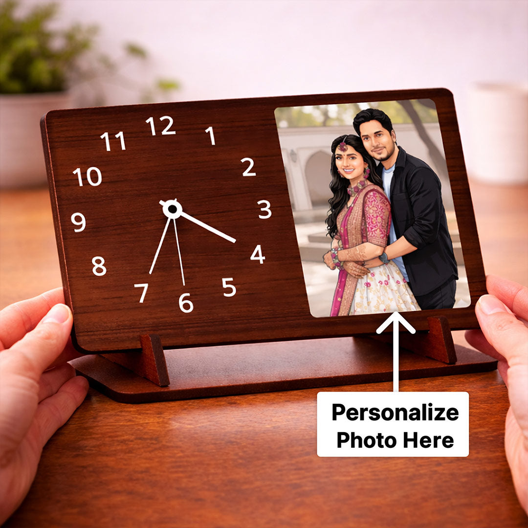 Personalized Wooden Desk Clock with Custom Photo Print (9x5 Inch) Table Top Clock with Photo Frame Gift for Couple, Husband & Wife | Love Craft Gifts