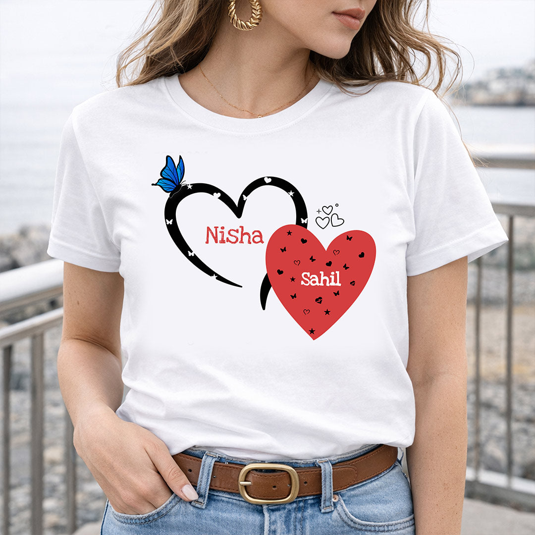 Personalized Couple Heart Name Print White T-Shirt – Unisex Casual Wear | Love Craft Gifts
