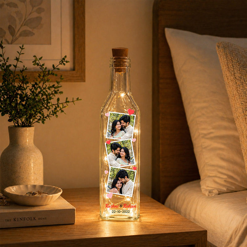 Personalized 3 Photo LED Bottle Lamp (Standard Size) – Custom Couple Memory Light with Name & Date | Love Craft Gifts™