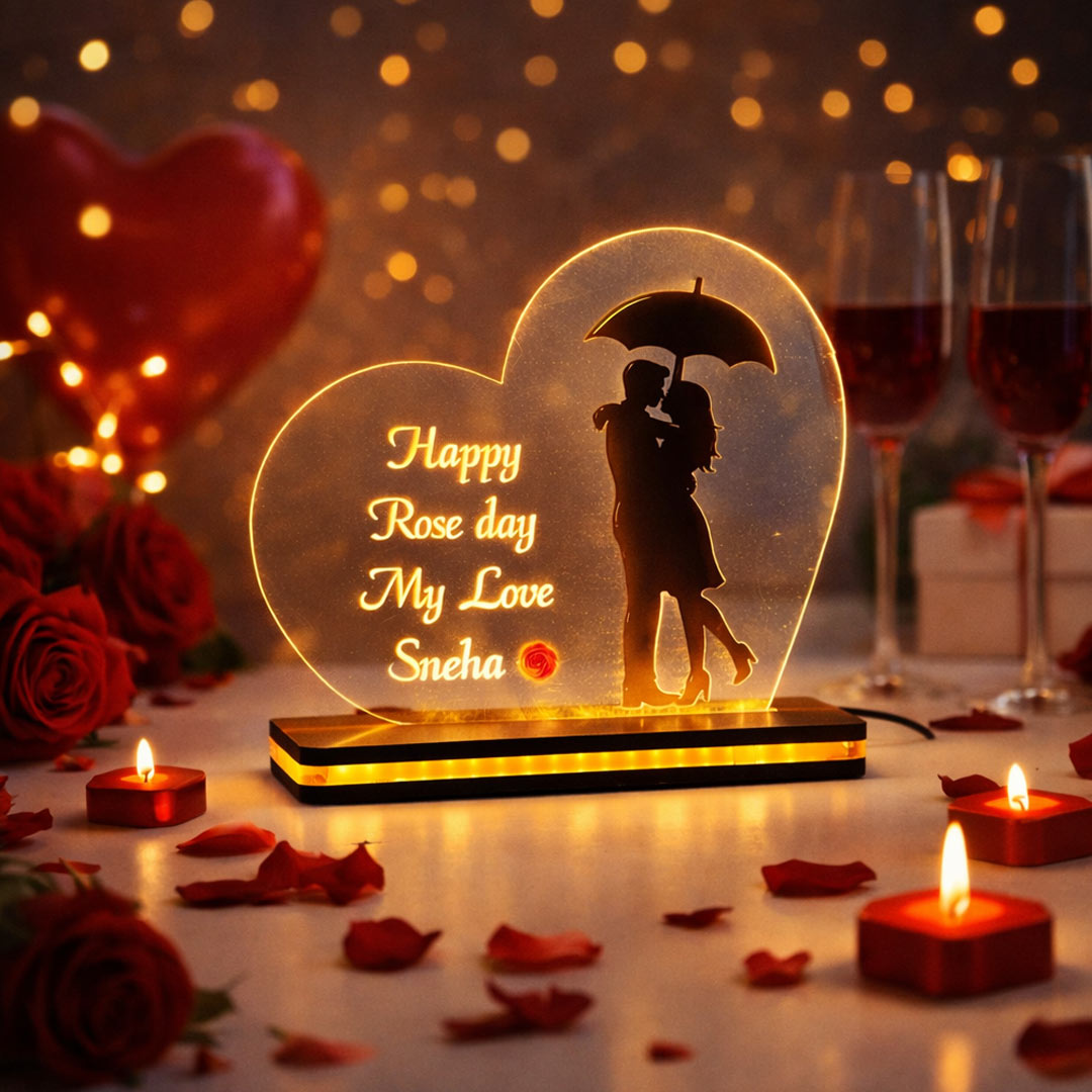 Personalized Acrylic Rose Day Lamp – Warm Light (5×7 Inch) | Love Craft Gifts