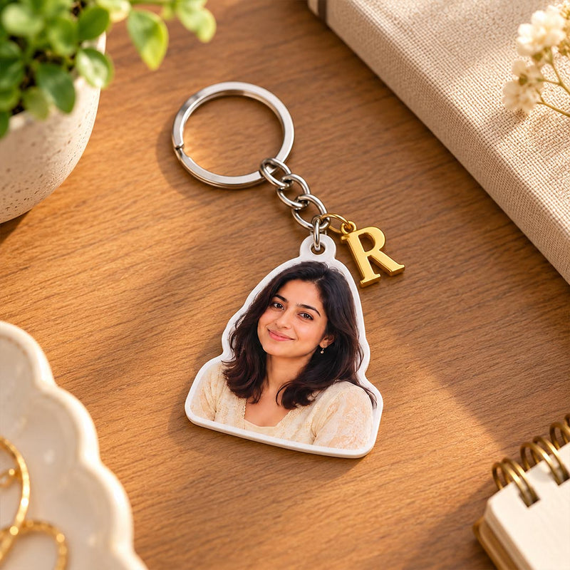 Personalized Photo Keychain with Initial Charm | Custom Face Cutout Keyring Gift | Love Craft Gifts™