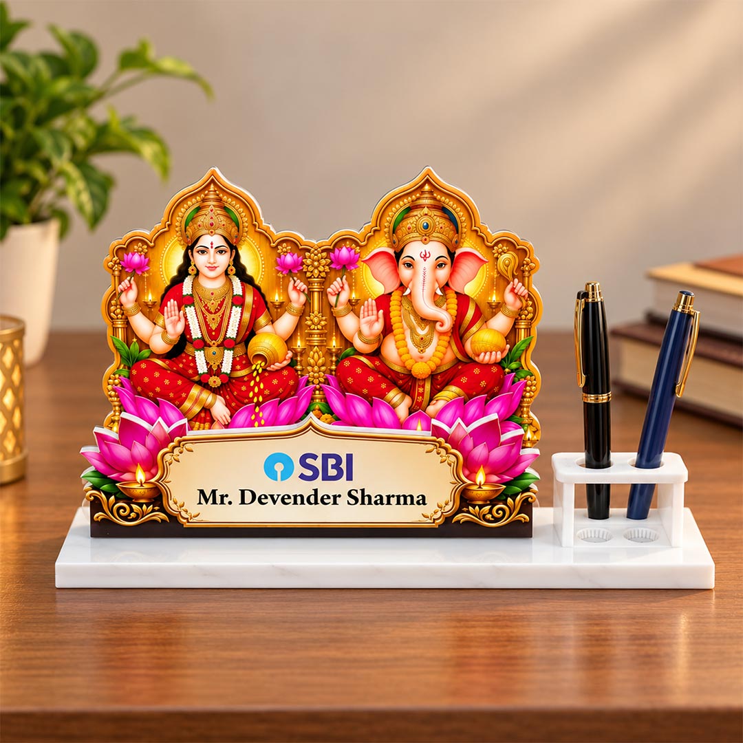 1. Personalized Employee Diwali Gift | Lakshmi Ganesha White Acrylic Pen Stand | Love Craft Gifts™