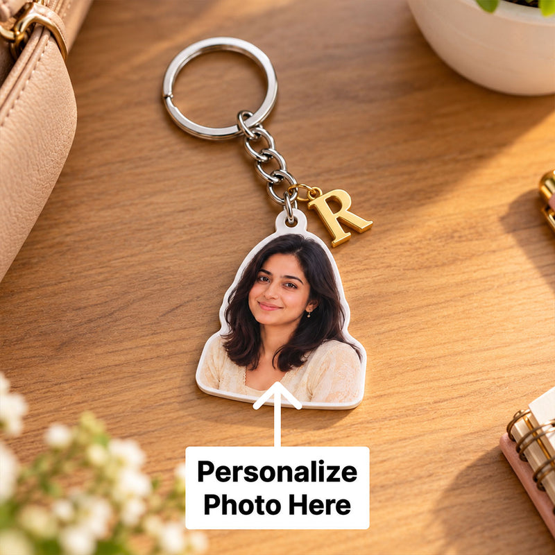 Personalized Photo Keychain with Initial Charm | Custom Face Cutout Keyring Gift | Love Craft Gifts™
