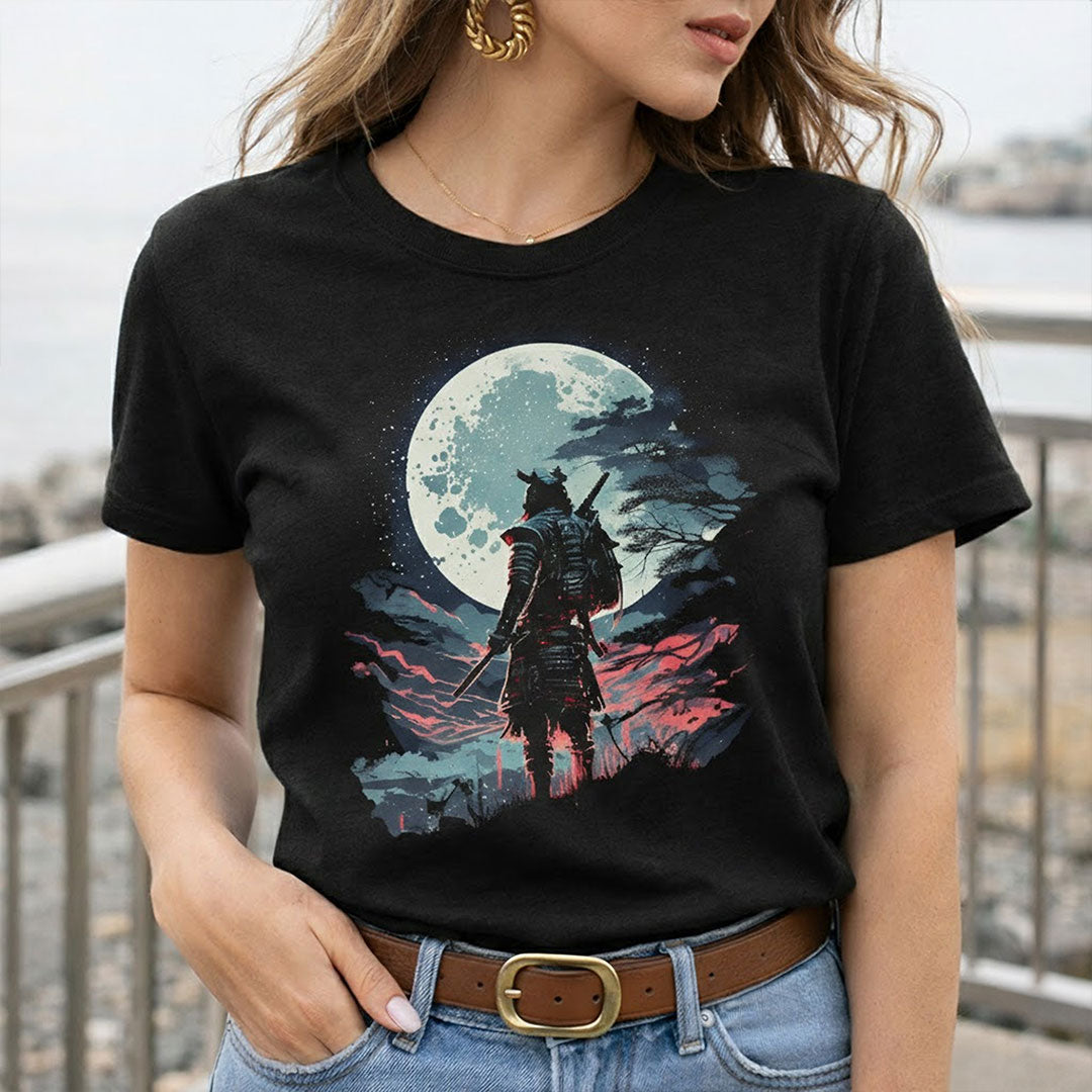 Samurai Moon Warrior Graphic Print Black T-Shirt – Unisex Casual Wear | Love Craft Gifts