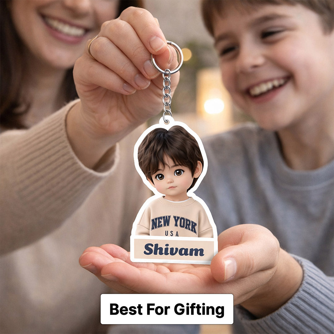 Personalized Kids Cartoon Photo Keychain with Name – Custom Cute Acrylic Key Ring Memory Gift for Boys & Girls (3 Inch) | Love Craft Gifts